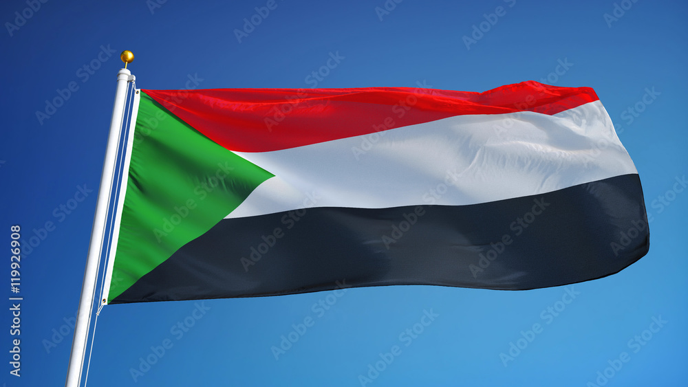 Sudan flag waving against clean blue sky, close up, isolated with clipping path mask alpha channel transparency