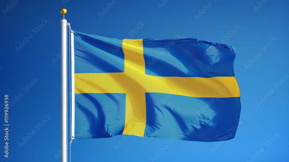 Sweden flag waving against clean blue sky, close up, isolated with clipping path mask alpha channel transparency Sweden flag waving against clean blue sky, close up, isolated with clipping path mask alpha channel transparency