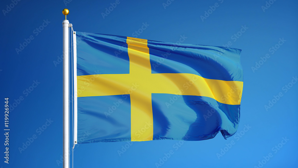 Sweden flag waving against clean blue sky, close up, isolated with clipping path mask alpha channel transparency Sweden flag waving against clean blue sky, close up, isolated with clipping path mask alpha channel transparency
