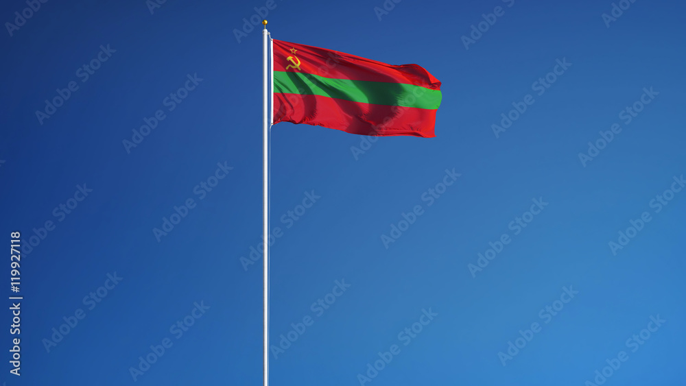 Transnistria flag waving against clean blue sky, long shot isolated with clipping path mask alpha channel transparency