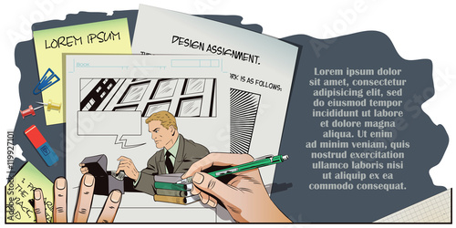 People in retro style. Man looks paper files.