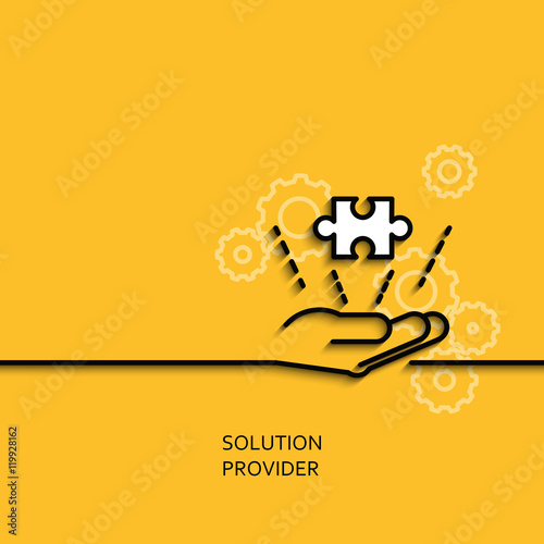 Vector business illustration in linear style with a picture of solution provider as hand giving puzzle on yellow background poster or banner template.