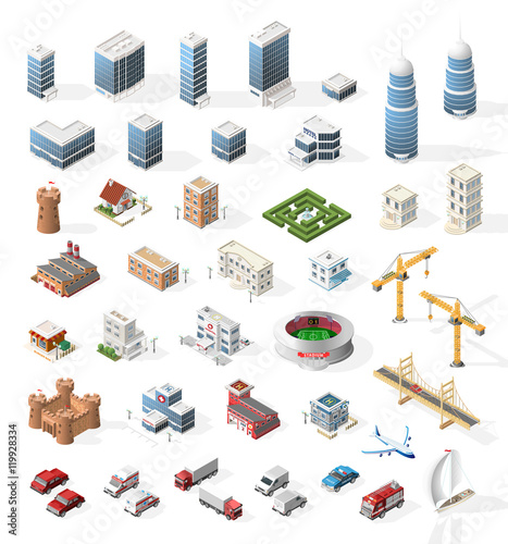Set of Realistic Isometric High Quality City Element for Map. Buildings and Vehicles.