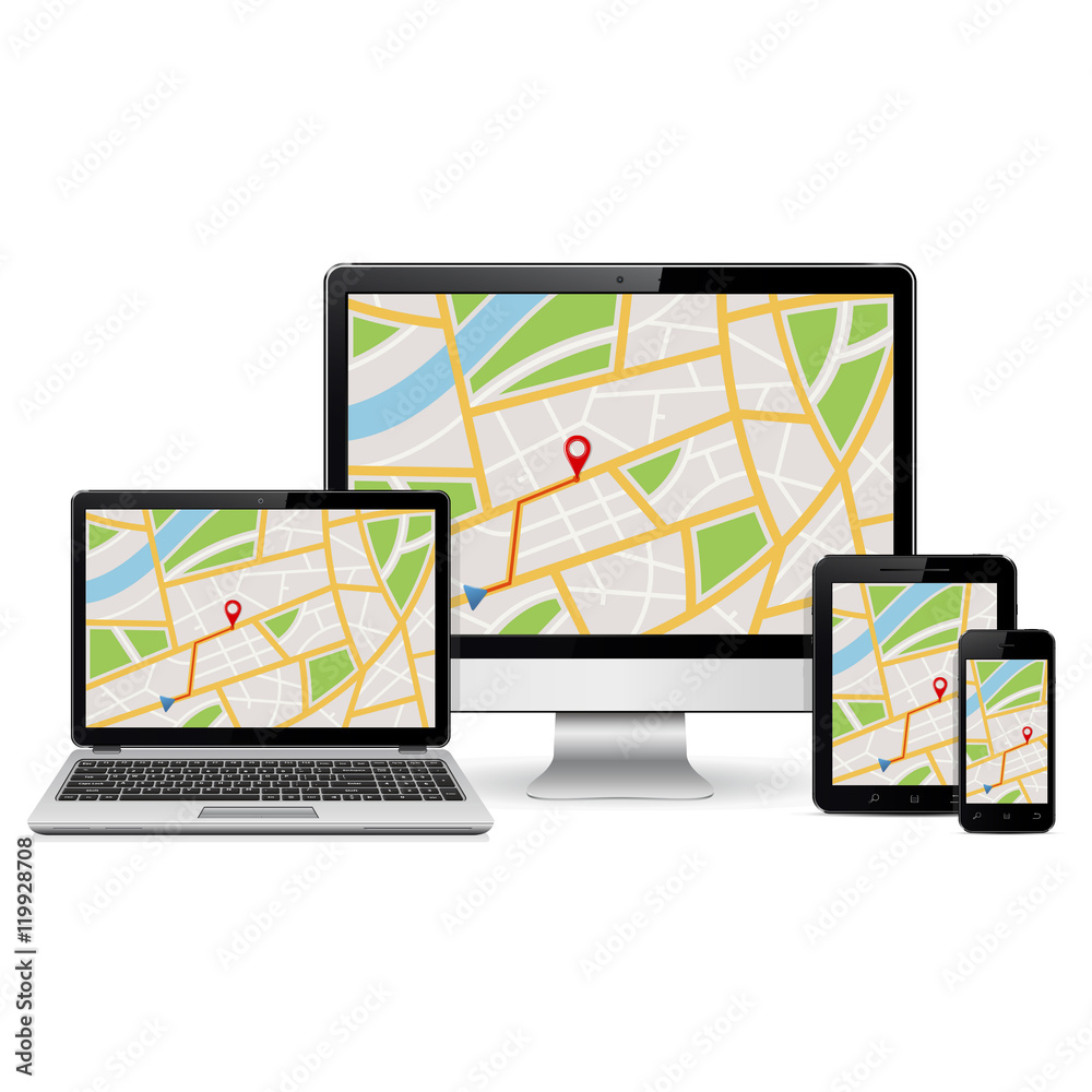 Computer monitor, laptop, tablet pc and mobile phone with GPS map on  screen. Isolated on white background. Stock Vector | Adobe Stock