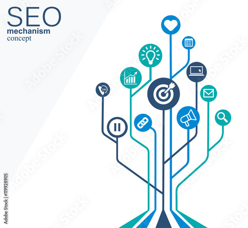 SEO mechanism concept. Abstract background with integrated gears and icons for strategy, digital, internet, network, connect, analytics, social media and global concepts.