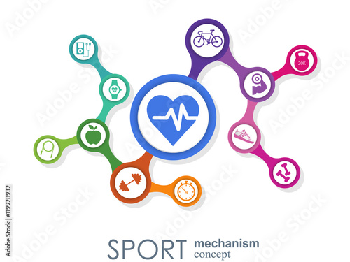 Sport mechanism concept. Football, basketball, volleyball, ball concepts. Abstract background with connected objects. Vector illustration.