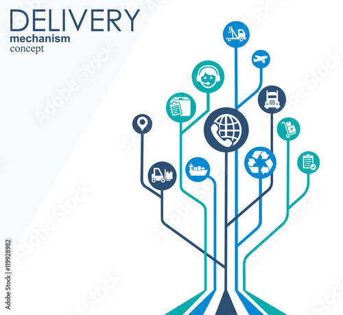 Delivery mechanism concept. Abstract background with connected gears and icons for logistic, service, strategy, shipping, distribution, transport, market, communicate concepts. Vector interactive.