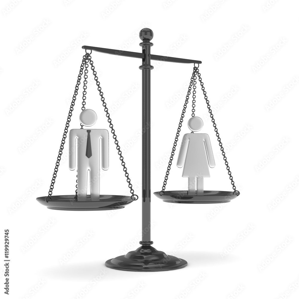 Isolated old fashioned pan scale with man and woman on white background. Gender inequality. Equality of sexes. Law issues. Silver model. 3D rendering. Isolated old fashioned pan scale with man and woman on white background. Gender inequality. Equality of sexes. Law issues. Silver model. 3D rendering.