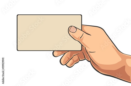 Male hand holding blank paper business card.