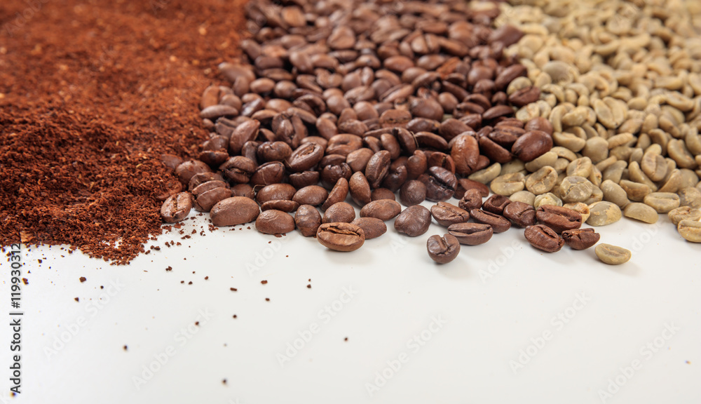 Green and dark coffee beans and ground coffee Green and dark coffee beans and ground coffee
