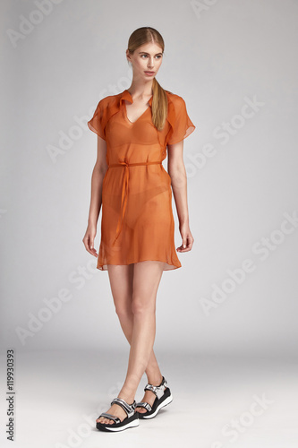 Sexy blonde woman pretty face wear fashion clothes