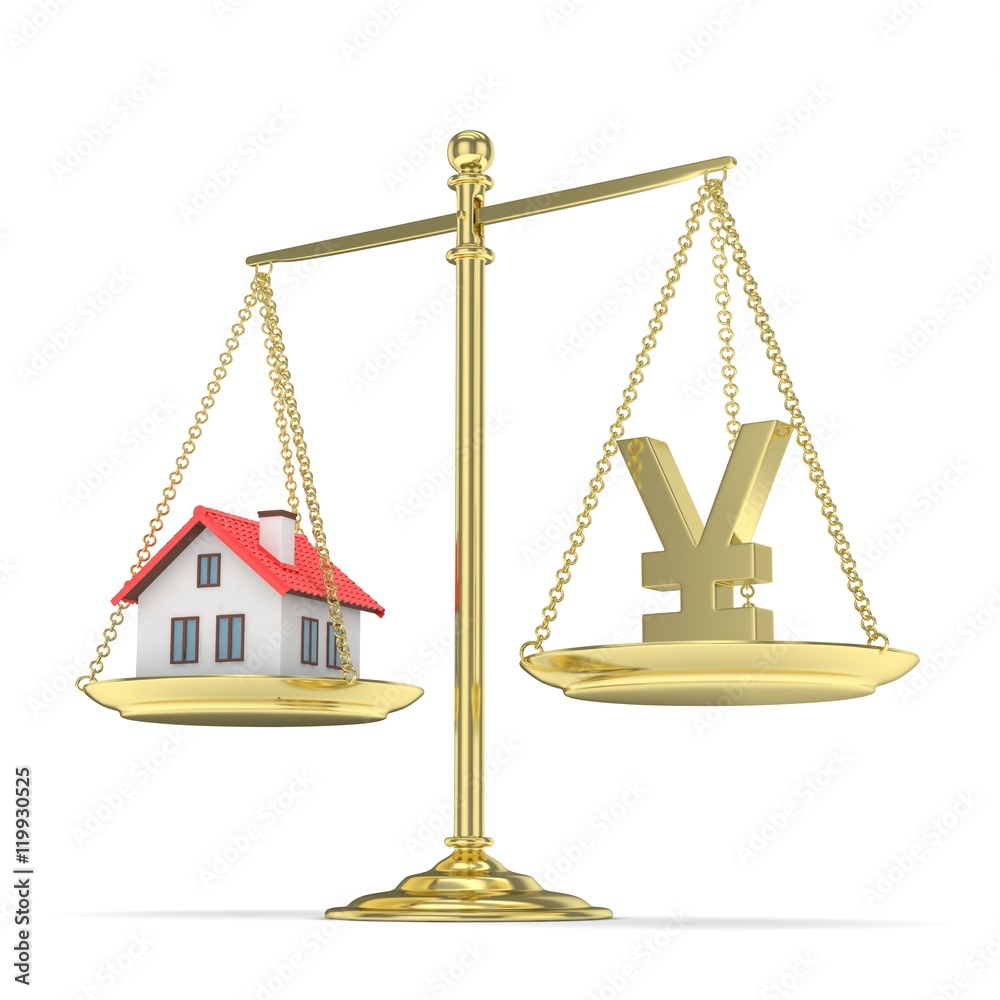 Isolated golden scales with golden yuan and house on white background. Investment or savings concept. Real estate and currency. 3D rendering. Isolated golden scales with golden yuan and house on white background. Investment or savings concept. Real estate and currency. 3D rendering.