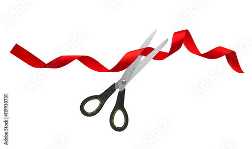 Opening with red ribbon and scissor. Vector illustration. Ready for your design.