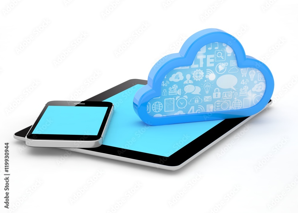 tablet pc, smart phone and cloud. 3d rendering. tablet pc, smart phone and cloud. 3d rendering.