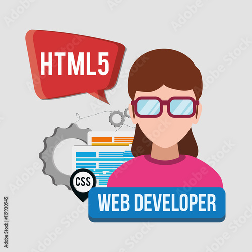 woman girl glasses gears developer web responsive development website programming icon set. Colorful design. Vector illustration