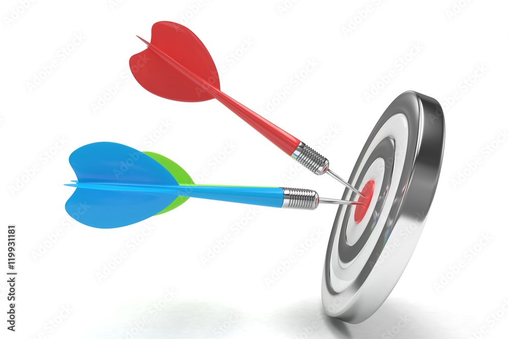 Three arrows darts in center. 3d rendering. Three arrows darts in center. 3d rendering.