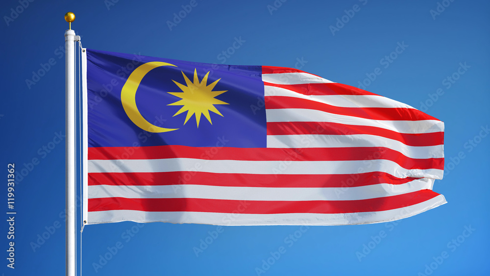 Malaysia flag waving against clean blue sky, close up, isolated with clipping path mask alpha channel transparency Malaysia flag waving against clean blue sky, close up, isolated with clipping path mask alpha channel transparency
