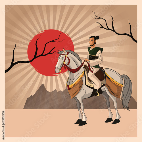 Samurai man cartoon on horse with uniform icon. comic and japan culture. Colorful design. Striped background. Vector illustration