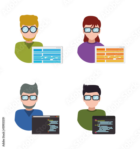 man woman girl boy glasses developer web responsive development website programming icon set. Colorful design. Vector illustration