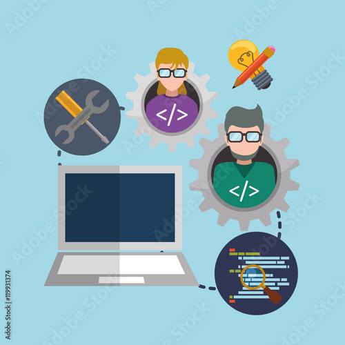 man woman girl boy glasses laptops tools bulb pencil lupe gear developer web responsive development website programming icon set. Colorful design. Vector illustration