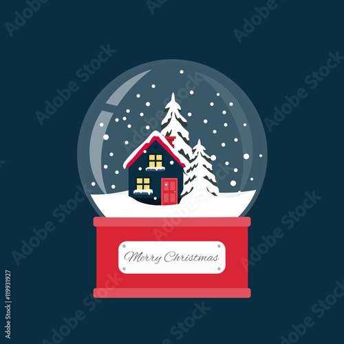 Merry christmas snow globe with a small house and fir-tree under the snow. New Year gift.