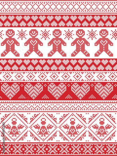 Scandinavian Printed Textile inspired festive winter seamless pattern in cross stitch with Gingerbread man, snowflake, decoration elements, angel, hearts and decorative ornaments in red and white 