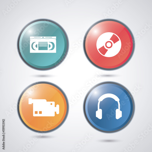 videocamera cd and headphone buttons. Video movie cinema and media theme. Colorful design. Vector illustration
