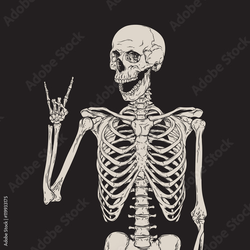 Human skeleton posing isolated over black background vector