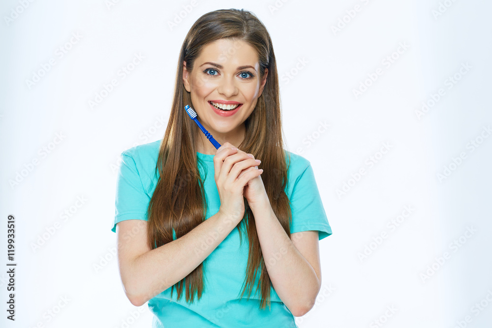 Beautiful woman isolated portrait with toothy brush. Healthy tee Beautiful woman isolated portrait with toothy brush. Healthy tee