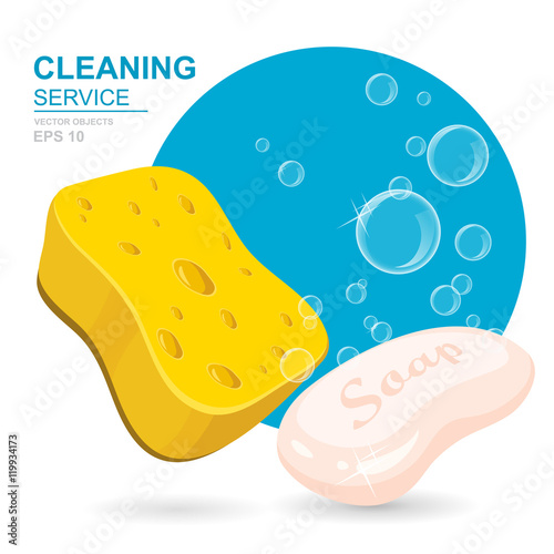 Vector Set of cleaning service elements. Soap, sponge and soap foam bubbles