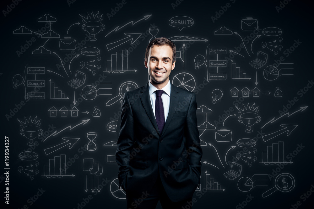 Man on business sketch background Man on business sketch background