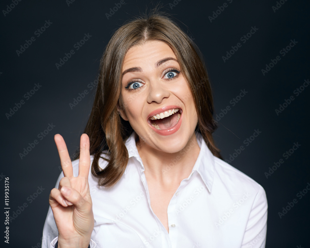 Fanny face portrait of young woman showing two fingers. Fanny face portrait of young woman showing two fingers.