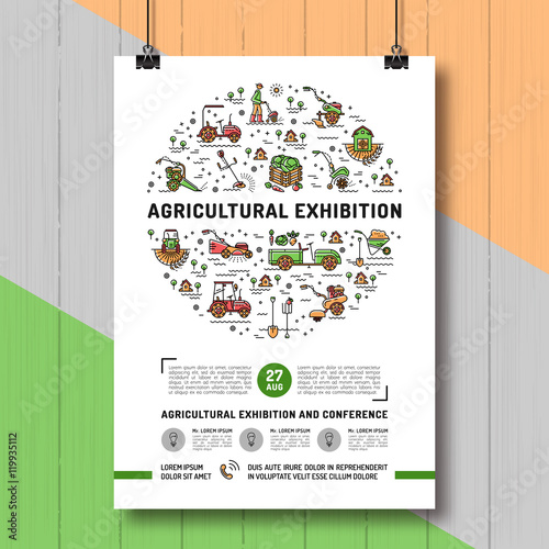 Agricultural Exhibition design poster or card template, mock-up flyer, banner. Vector agriculture and gardening infographics concept, Farming line art icons, Garden tiller and farm machines