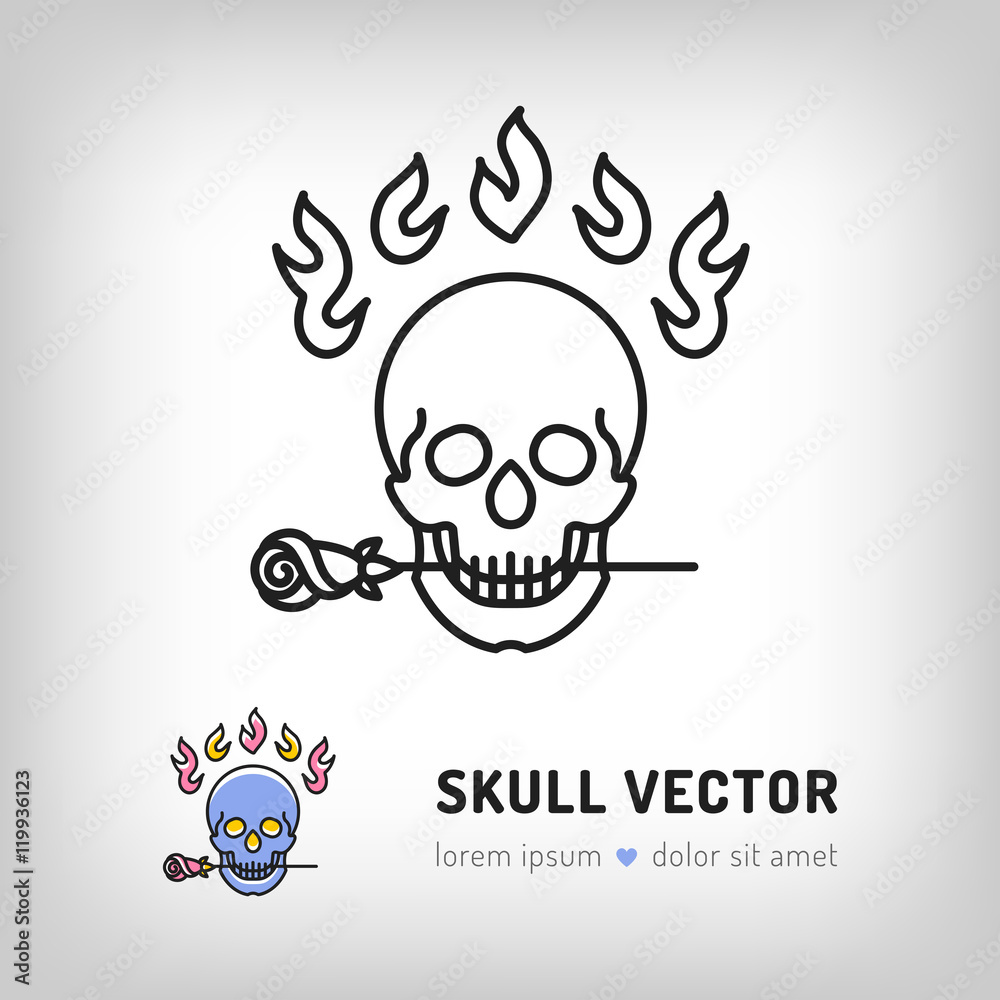 Vector skull logo design template. Modern skull icon in a thin line art style, Logo for the music studio, tattoo salon Vector skull logo design template. Modern skull icon in a thin line art style, Logo for the music studio, tattoo salon