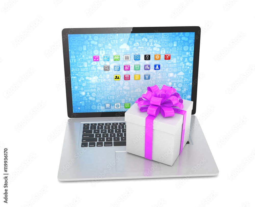 Gift box with ribbon on laptop keyboard. 3d rendering. Gift box with ribbon on laptop keyboard. 3d rendering.