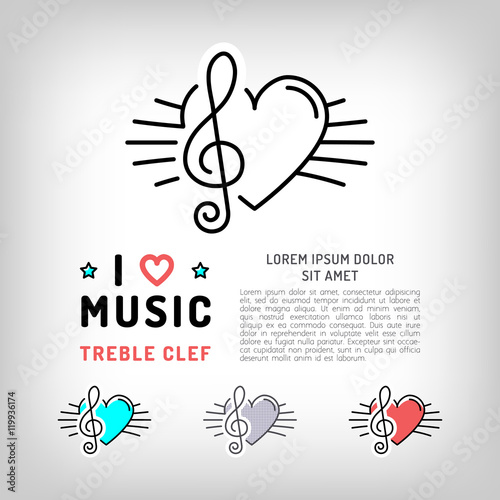 Treble clef isolated icon, Musical note and heart, the concept symbols of love for music. Vector logos in modern art thin line style, card template, poster or banner
