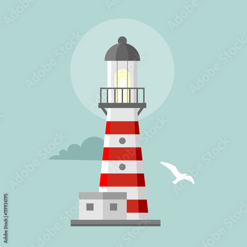 Vector flat lighthouse. Cartoon landscape. Searchlight towers for maritime navigational guidance © primulakat