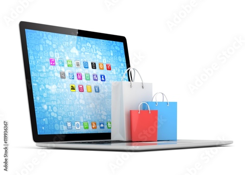 laptop and shopping pags on white background. 3d rendering.