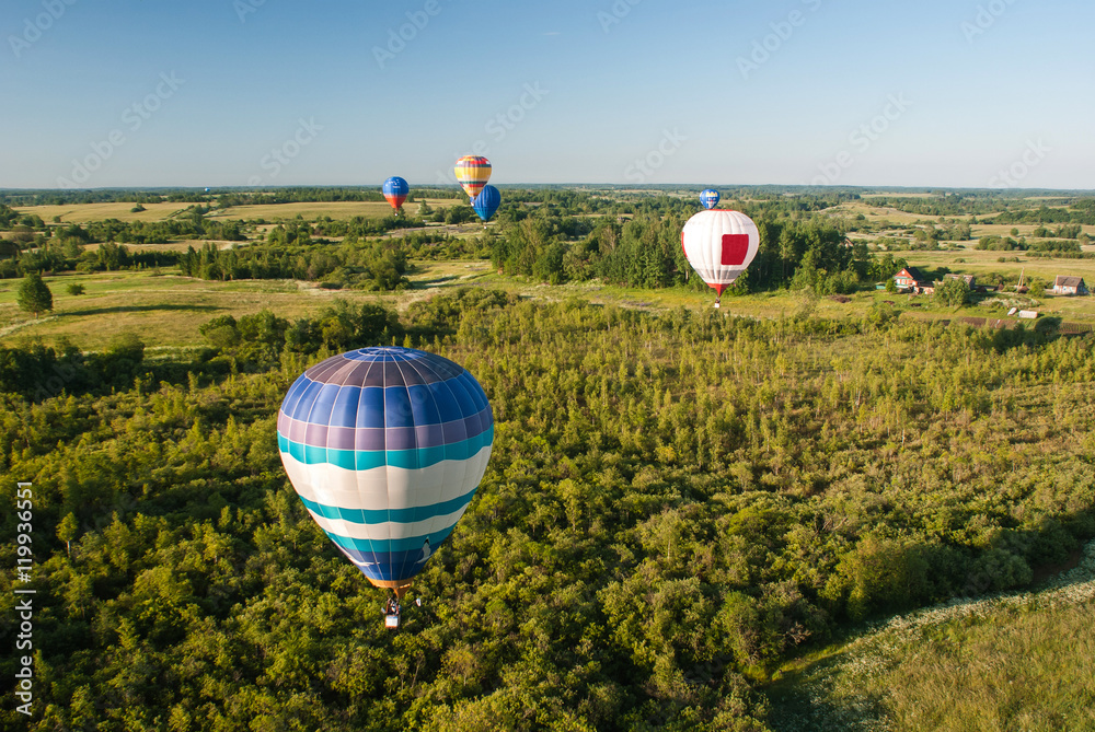 Obraz premium Multicolored balloons over the forest and fields