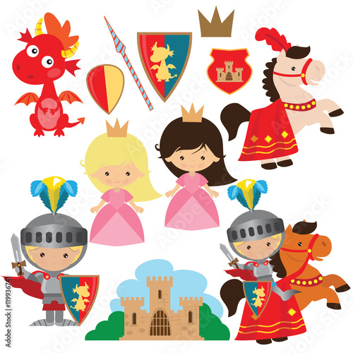 Knight, princess and dragon vector illustration
