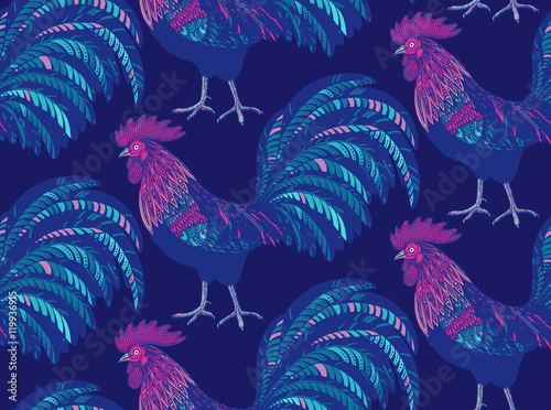 Colorful seamless pattern with hand drawn fiery roosters