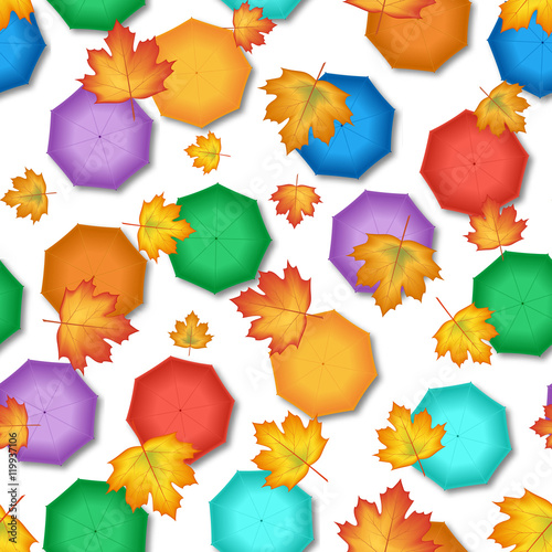 Vector illustration. Autumn seamless pattern of colorful umbrellas and falling maple leaves, top view. Backdrop for design of booklet, banner, poster, flyers