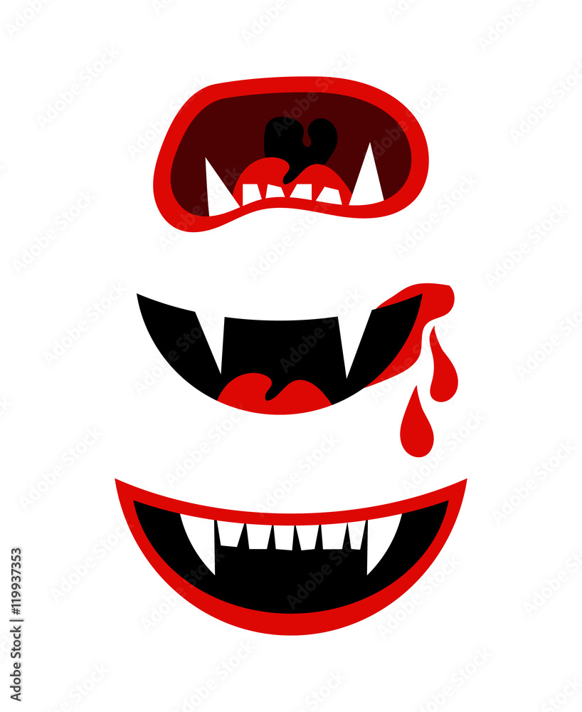 Vampire mouth with fangs. Vector halloween horror teeth isolated on white background Vampire mouth with fangs. Vector halloween horror teeth isolated on white background