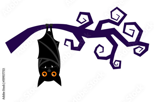 Cartoon bat hanging on tree branch, sleeping halloween vampire bat vector isolated on white background