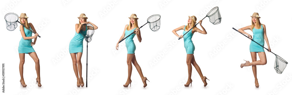 Woman with catching net isolated on white Woman with catching net isolated on white
