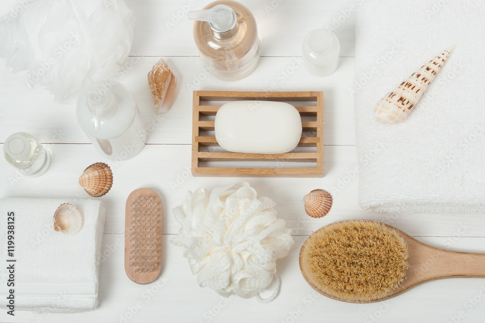 Spa Kit. Shampoo, Soap Bar And Liquid. Shower Gel. Top View.
