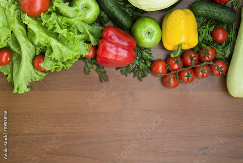 Vegetables on wood. Bio Healthy food   Organic vegetables on wood. Healthy food background.  Top view with copy space.