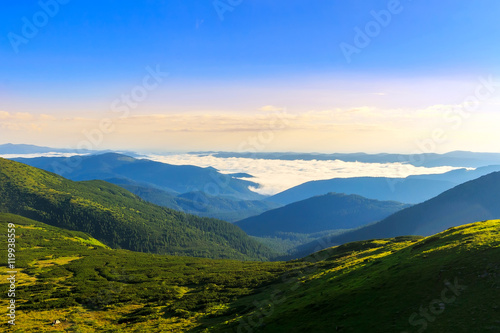 Carpathian mountains landscape in morning, view from the height, Ukraine.