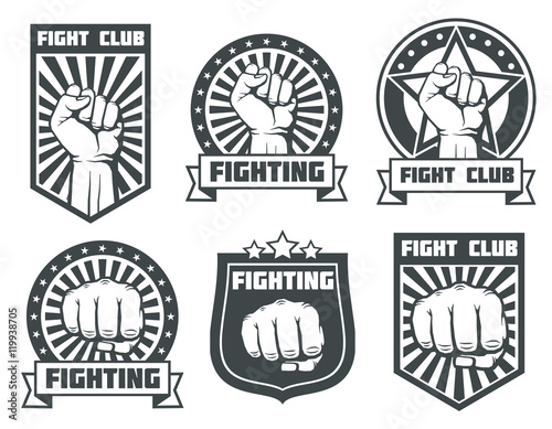 Fight club with fist vintage labels, logos, emblems vector set