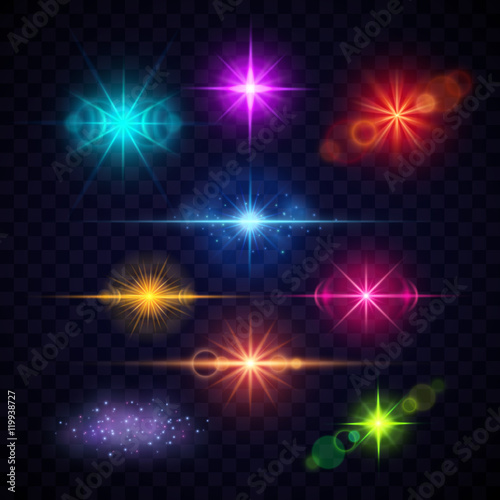 Realistic color lens flare light effects, vector party lights set